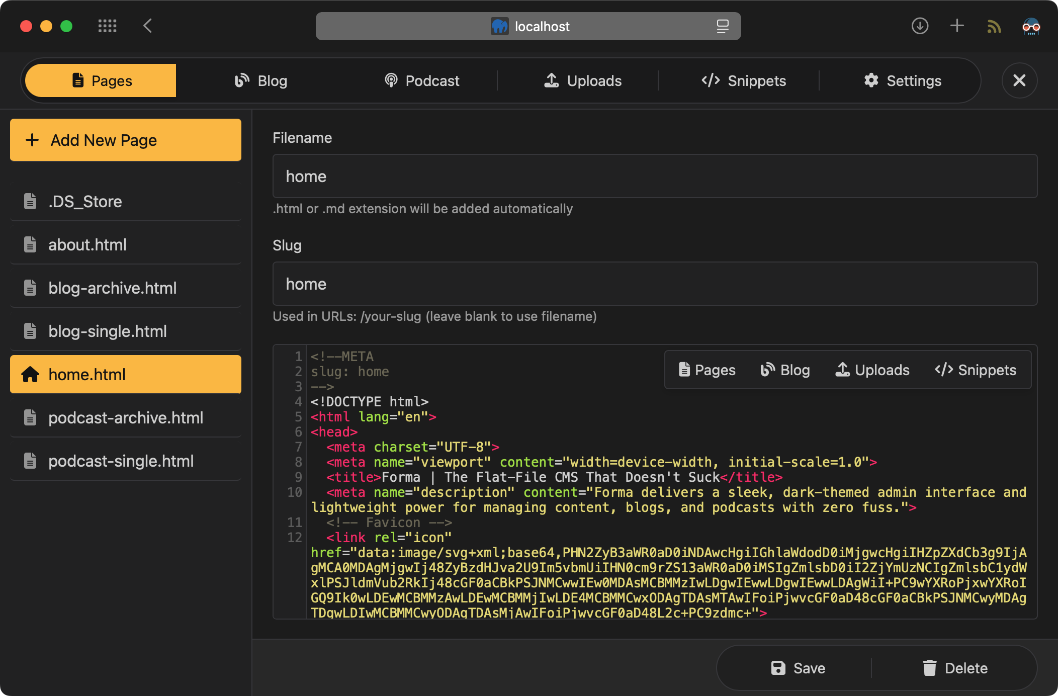 Screenshot of Forma's dark-themed admin dashboard showing navigation and content editing interface