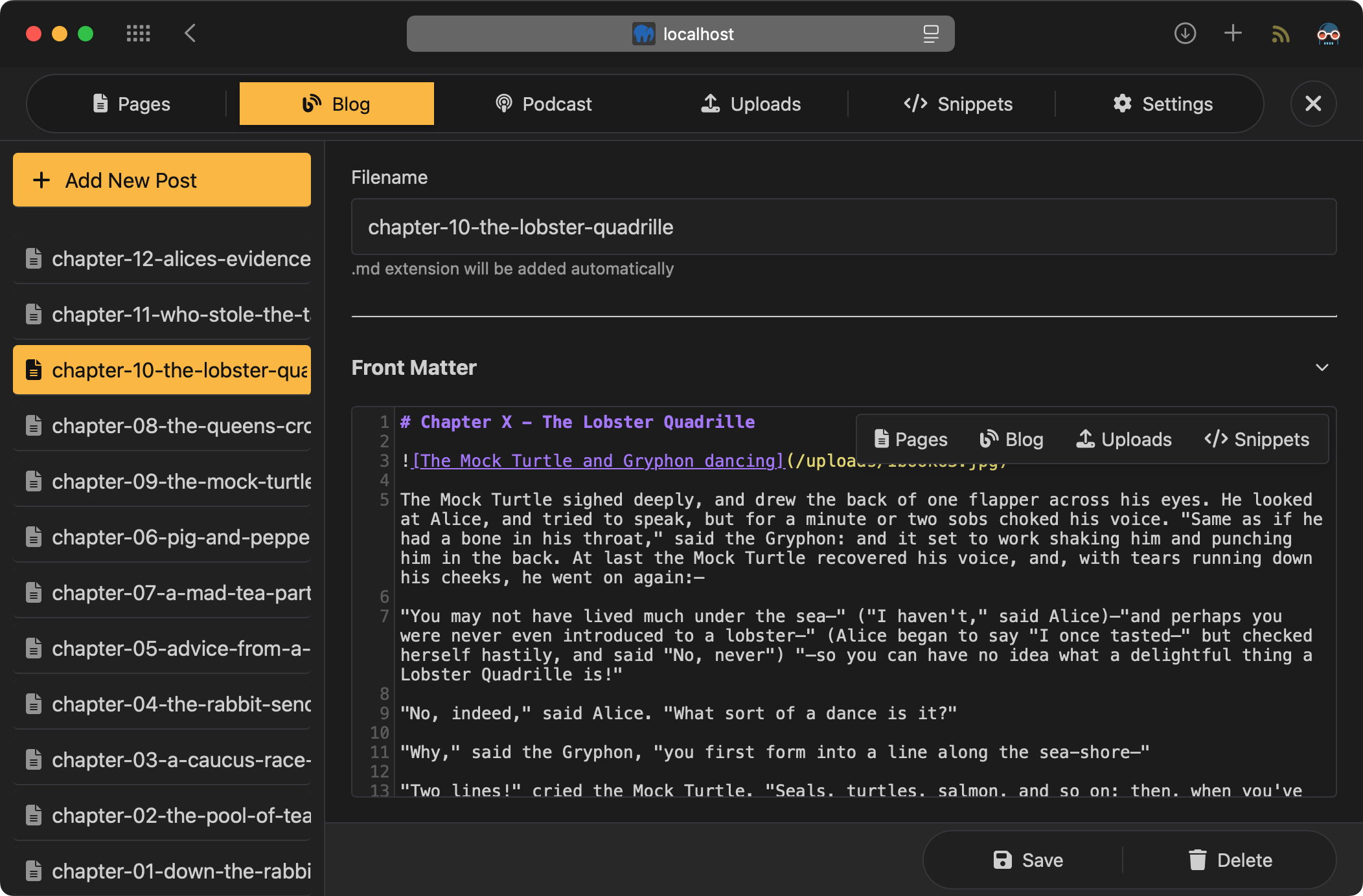 Screenshot of Forma's content editor showing markdown input on left and live preview on right